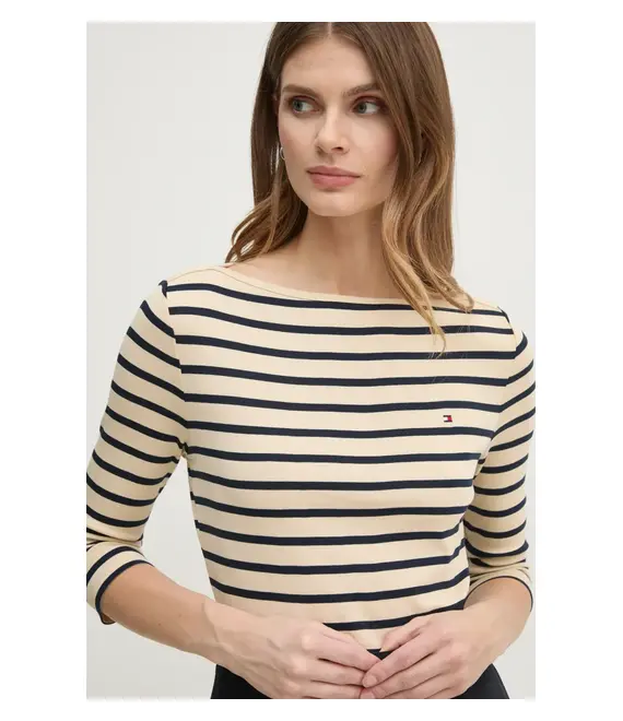 Βαμβακερή μπλούζα με μακριά μανίκια Tommy Hilfiger χρώμα: μπεζ, WW0WW40589