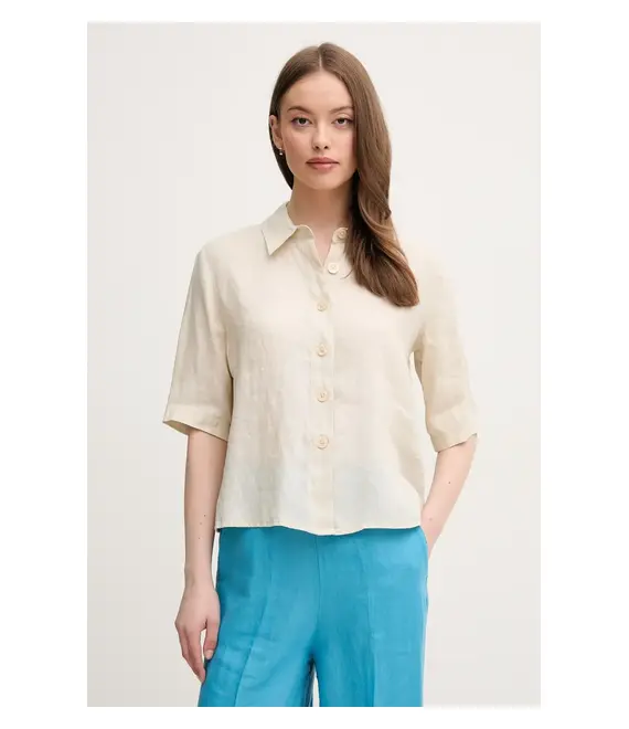 Πουκάμισο από λινό United Colors of Benetton χρώμα: καφέ