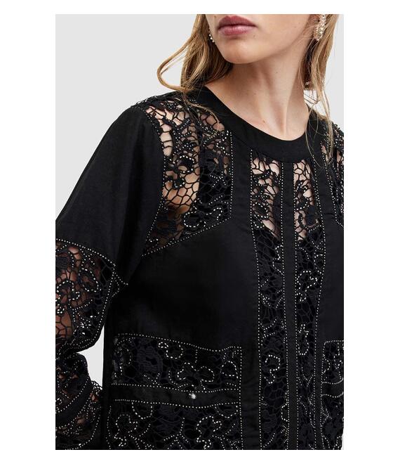 Φόρεμα από λινό μείγμα AllSaints NOUSH EMB DRESS χρώμα: μαύρο, WD591Z