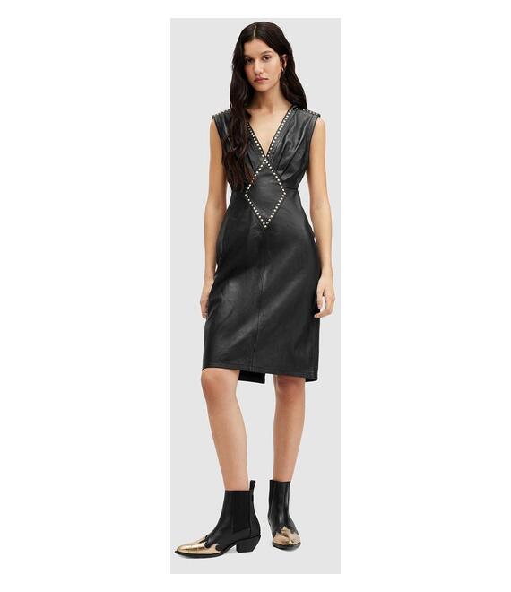 Δερμάτινο φόρεμα AllSaints SYLA LEA STUD DRESS χρώμα: μαύρο, WL536Z