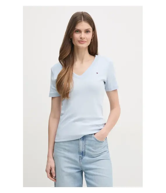 Βαμβακερό μπλουζάκι Tommy Hilfiger γυναικείο, χρώμα: μπλε, WW0WW40584