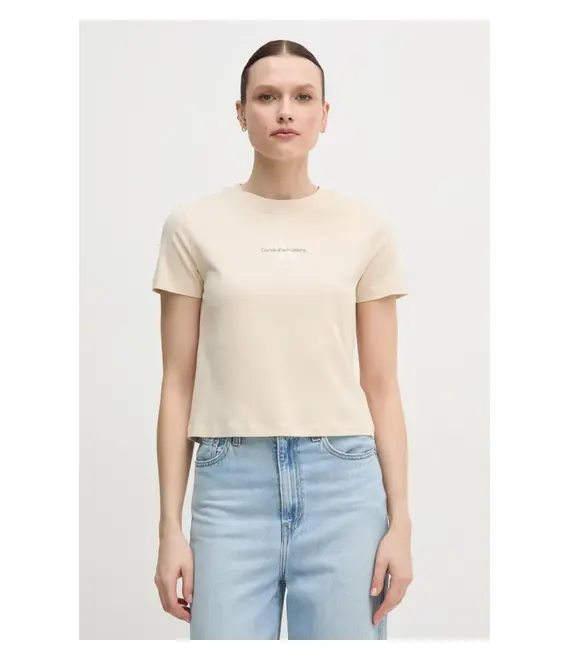 Βαμβακερό μπλουζάκι Calvin Klein Jeans γυναικείο, χρώμα: μπεζ, J20J223113