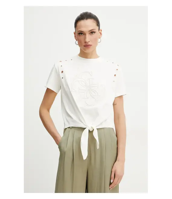 Βαμβακερό μπλουζάκι Guess EYELET γυναικείο, χρώμα: μπεζ, W5GI18 I3Z14