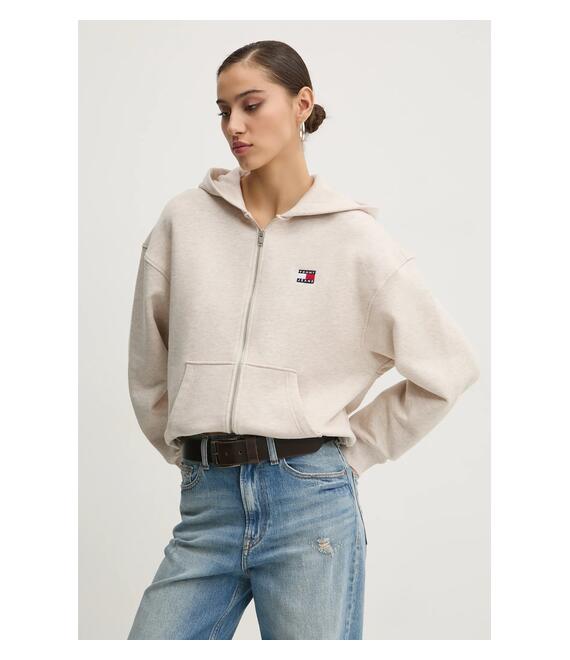 Βαμβακερή μπλούζα Tommy Jeans γυναικεία, χρώμα: μπεζ, με κουκούλα, DW0DW19412
