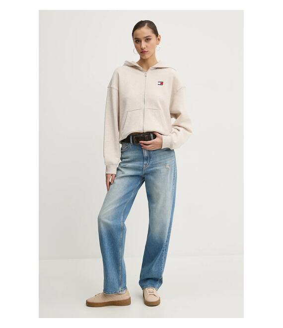 Βαμβακερή μπλούζα Tommy Jeans γυναικεία, χρώμα: μπεζ, με κουκούλα, DW0DW19412