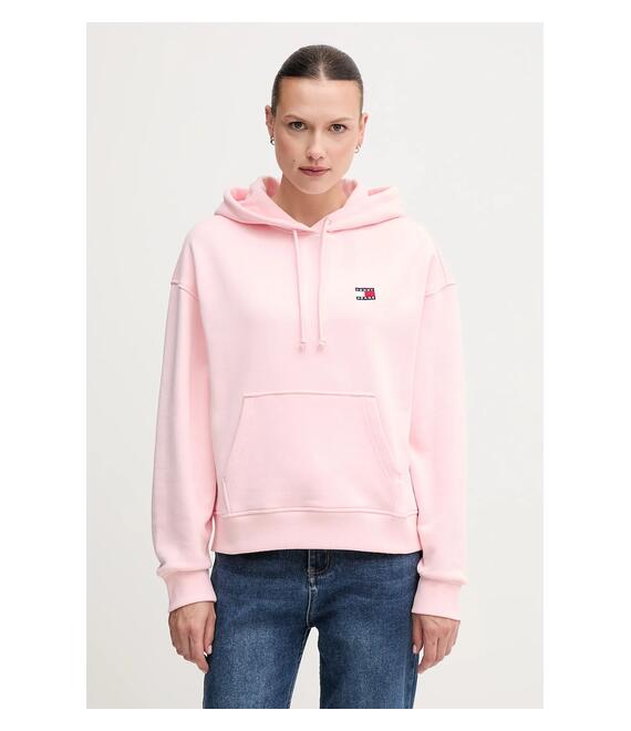 Βαμβακερή μπλούζα Tommy Jeans γυναικεία, χρώμα: ροζ, με κουκούλα, DW0DW19414