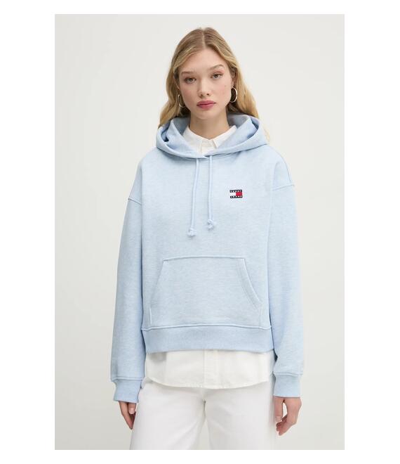 Βαμβακερή μπλούζα Tommy Jeans γυναικεία, χρώμα: μπλε, με κουκούλα, DW0DW19414
