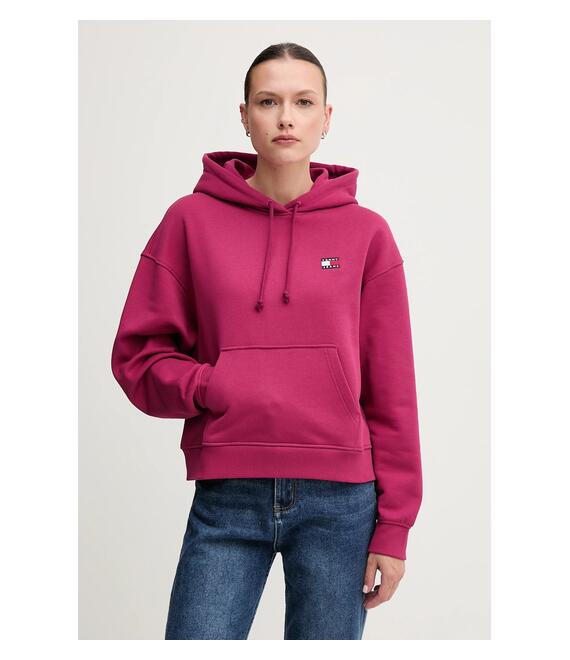 Βαμβακερή μπλούζα Tommy Jeans γυναικεία, χρώμα: ροζ, με κουκούλα, DW0DW19414
