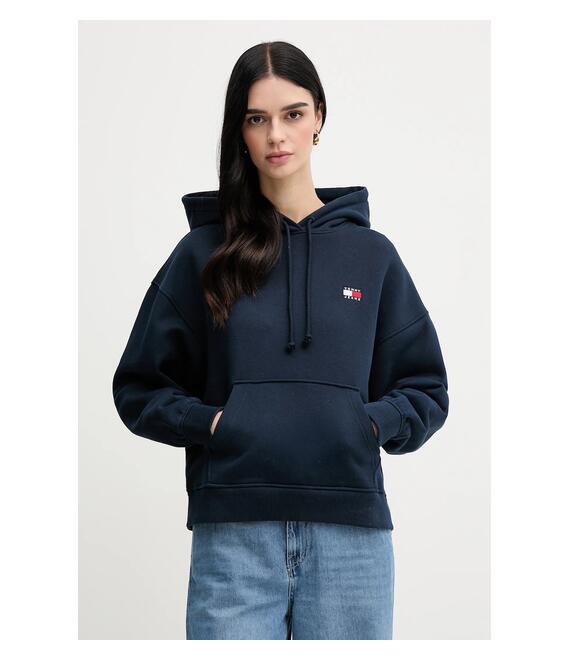 Βαμβακερή μπλούζα Tommy Jeans γυναικεία, χρώμα: ναυτικό μπλε, με κουκούλα, DW0DW19414