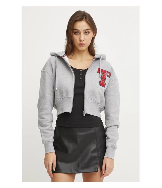 Βαμβακερή μπλούζα Tommy Jeans γυναικεία, χρώμα: γκρι, με κουκούλα, DW0DW20535