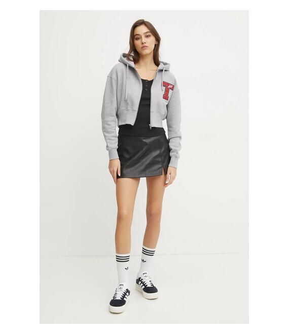 Βαμβακερή μπλούζα Tommy Jeans γυναικεία, χρώμα: γκρι, με κουκούλα, DW0DW20535