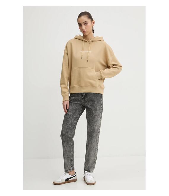 Βαμβακερή μπλούζα Guess Jeans γυναικεία, χρώμα: μπεζ, με κουκούλα, W5RQ27 K68I4