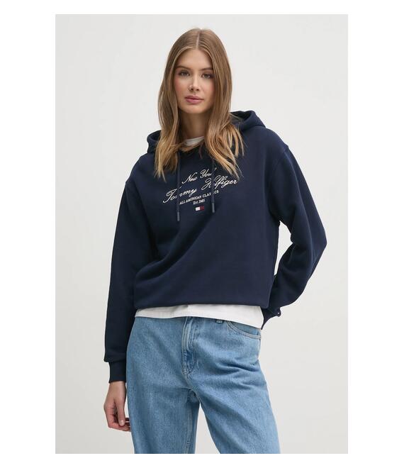 Βαμβακερή μπλούζα Tommy Hilfiger γυναικεία, χρώμα: ναυτικό μπλε, με κουκούλα, WW0WW43842