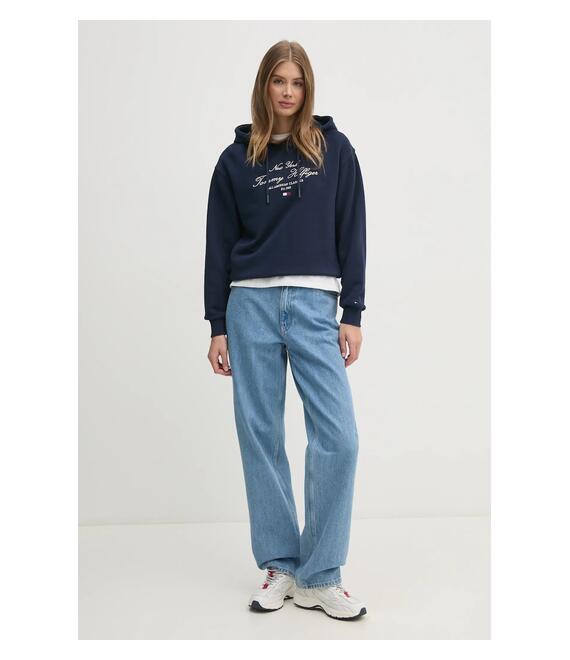 Βαμβακερή μπλούζα Tommy Hilfiger γυναικεία, χρώμα: ναυτικό μπλε, με κουκούλα, WW0WW43842