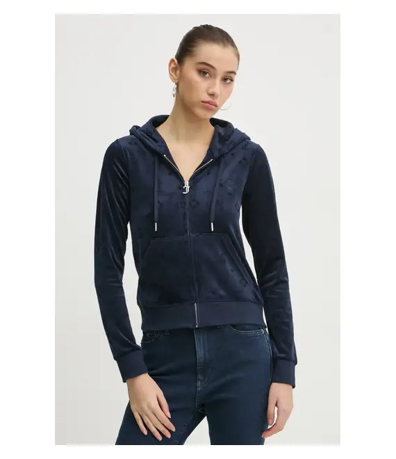 Βελούδινη μπλούζα Juicy Couture χρώμα: ναυτικό μπλε, με κουκούλα, JCWAS125302