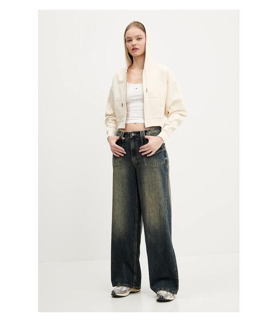 Βαμβακερή μπλούζα Guess Originals γυναικεία, χρώμα: μπεζ, με κουκούλα, W5RQ13 K68I1