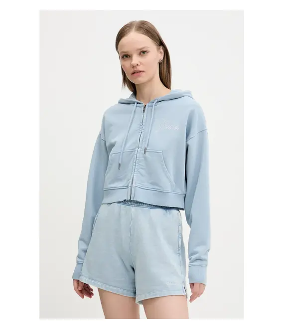Βαμβακερή μπλούζα Guess Originals γυναικεία, χρώμα: μπλε, με κουκούλα, W5RQ13 K68I1