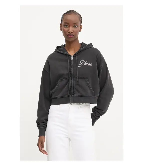 Βαμβακερή μπλούζα Guess Originals γυναικεία, χρώμα: μαύρο, με κουκούλα, W5RQ13 K68I1