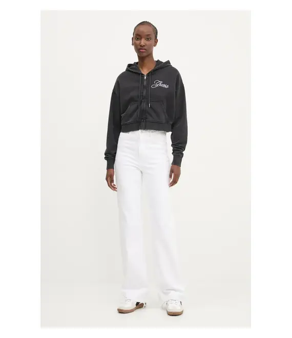 Βαμβακερή μπλούζα Guess Originals γυναικεία, χρώμα: μαύρο, με κουκούλα, W5RQ13 K68I1