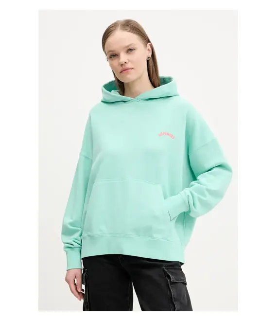Βαμβακερή μπλούζα Superdry γυναικεία, χρώμα: τιρκουάζ, με κουκούλα, W2012281A-2MD