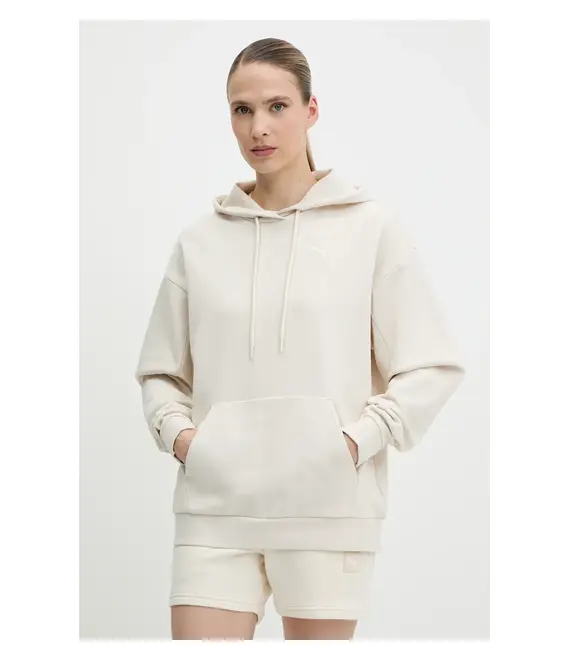 Βαμβακερή μπλούζα Puma γυναικεία, χρώμα: μπεζ, με κουκούλα, 685057