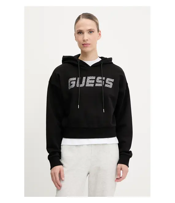 Βαμβακερή μπλούζα Guess PRIMULA γυναικεία, χρώμα: μαύρο, με κουκούλα, V5GQ09 KCRP0