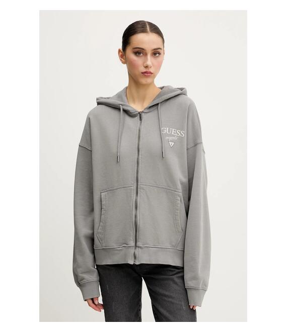 Βαμβακερή μπλούζα Guess Originals γυναικεία, χρώμα: γκρι, με κουκούλα, M5GQ34 KCPR1