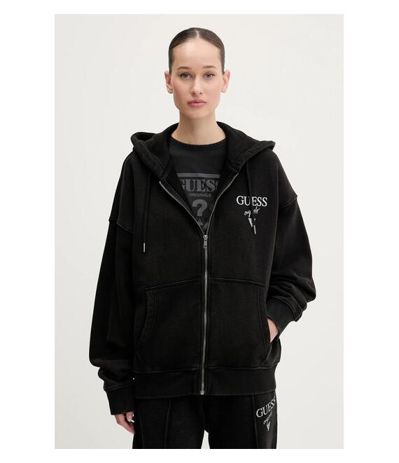 Βαμβακερή μπλούζα Guess Originals γυναικεία, χρώμα: μαύρο, με κουκούλα, M5GQ34 KCPR1