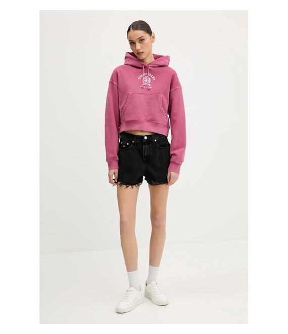 Βαμβακερή μπλούζα Tommy Jeans γυναικεία, χρώμα: ροζ, με κουκούλα, DW0DW20311