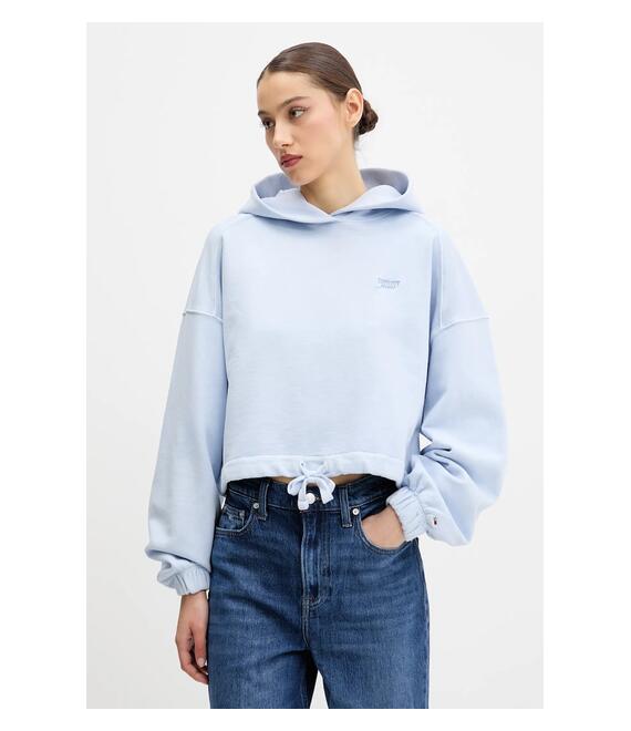 Βαμβακερή μπλούζα Tommy Jeans γυναικεία, χρώμα: μπλε, με κουκούλα, DW0DW20314