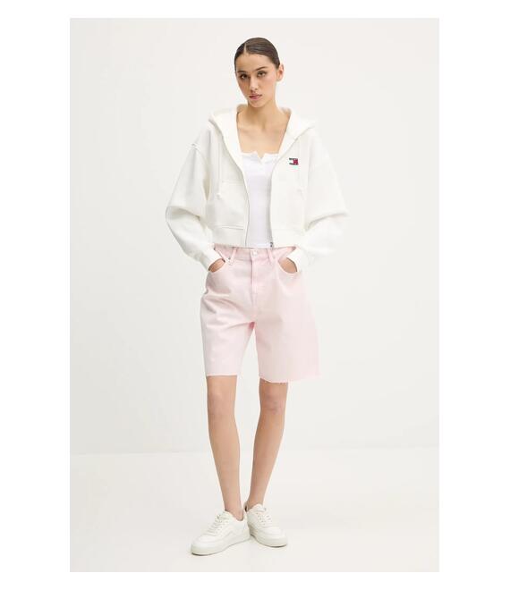 Βαμβακερή μπλούζα Tommy Jeans γυναικεία, χρώμα: άσπρο, με κουκούλα, DW0DW21355