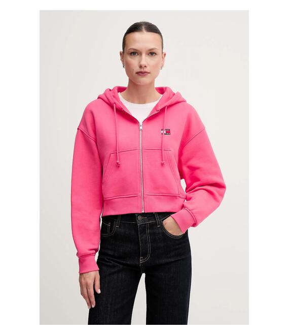 Βαμβακερή μπλούζα Tommy Jeans γυναικεία, χρώμα: ροζ, με κουκούλα, DW0DW21355