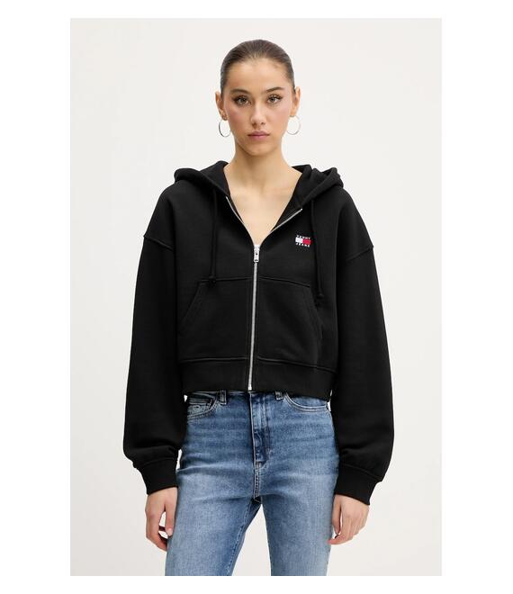 Βαμβακερή μπλούζα Tommy Jeans γυναικεία, χρώμα: μαύρο, με κουκούλα, DW0DW21355