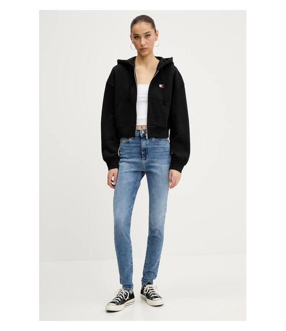 Βαμβακερή μπλούζα Tommy Jeans γυναικεία, χρώμα: μαύρο, με κουκούλα, DW0DW21355