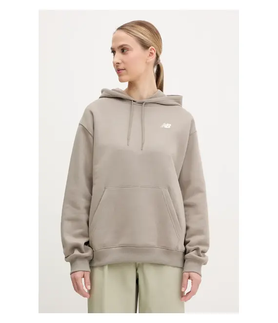 Μπλούζα New Balance χρώμα: μπεζ, με κουκούλα, WT51947DOK