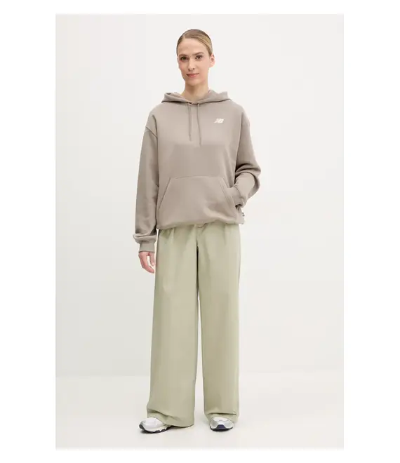 Μπλούζα New Balance χρώμα: μπεζ, με κουκούλα, WT51947DOK