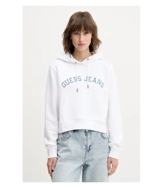 Βαμβακερή μπλούζα Guess Jeans γυναικεία, χρώμα: άσπρο, με κουκούλα, W5GQ22 K68I4