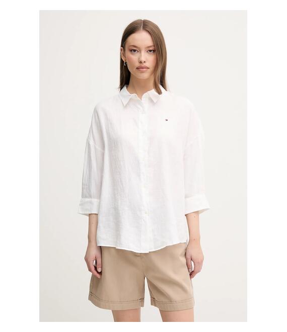 Πουκάμισο από λινό Tommy Hilfiger χρώμα: άσπρο, WW0WW46169