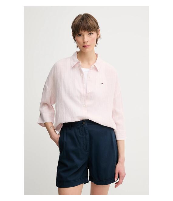 Πουκάμισο από λινό Tommy Hilfiger χρώμα: ροζ, WW0WW46169