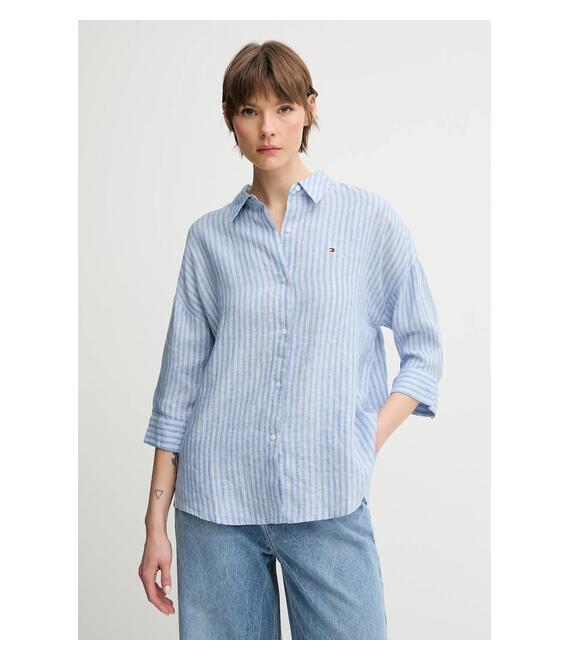 Πουκάμισο από λινό Tommy Hilfiger χρώμα: μπλε, WW0WW46169