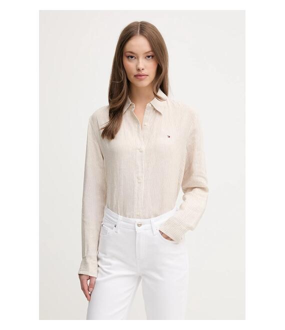 Πουκάμισο από λινό Tommy Hilfiger χρώμα: μπεζ, WW0WW44679