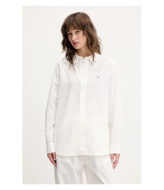 Πουκάμισο με μείγμα από λινό Tommy Jeans χρώμα: μπεζ, DW0DW20292