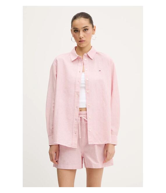 Πουκάμισο με μείγμα από λινό Tommy Jeans χρώμα: ροζ, DW0DW20292