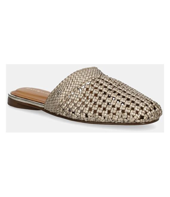 Παντόφλες Tommy Hilfiger CROCHET METALLIC LEATHER MULE χρώμα: χρυσαφί, FW0FW08606