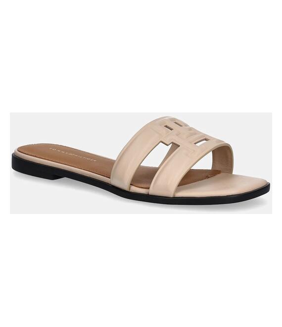 Δερμάτινες παντόφλες Tommy Hilfiger TH LOGO STRAP MULE γυναικεία, χρώμα: μπεζ, FW0FW08671