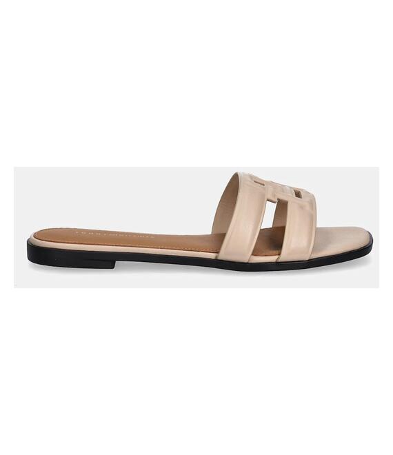 Δερμάτινες παντόφλες Tommy Hilfiger TH LOGO STRAP MULE γυναικεία, χρώμα: μπεζ, FW0FW08671