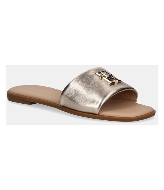 Δερμάτινες παντόφλες Tommy Hilfiger TH LOGO HW METALLIC LEATHER MULE γυναικείες, χρώμα: χρυσαφί, FW0FW08807