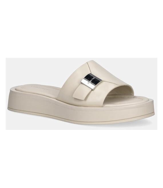 Δερμάτινες παντόφλες Calvin Klein FLATFORM SLIDE W/CK HW - LTH γυναικείες, χρώμα: μπεζ, HW0HW02368