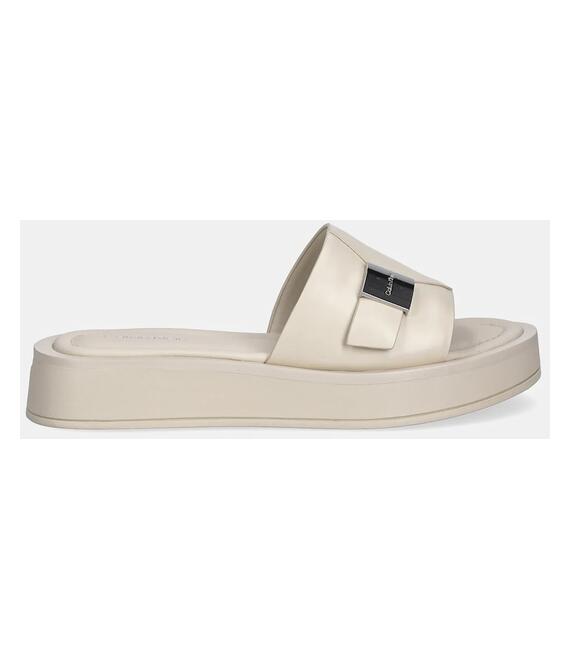 Δερμάτινες παντόφλες Calvin Klein FLATFORM SLIDE W/CK HW - LTH γυναικείες, χρώμα: μπεζ, HW0HW02368