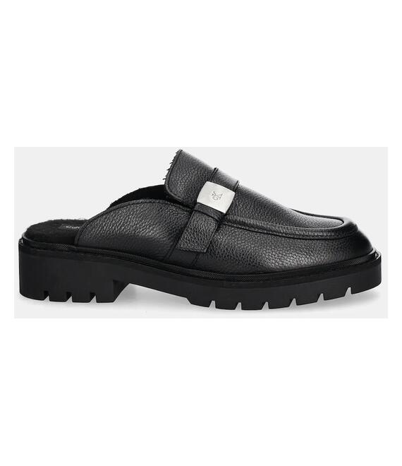 Δερμάτινες παντόφλες Calvin Klein Jeans FLATFORM SLIPON MG LTH γυναικείες, χρώμα: μαύρο, YW0YW01655